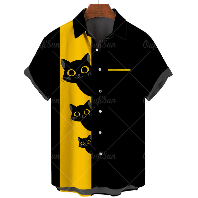 قمصان الصيف هاواي الشاطئ الرجعية ثلاثية الأبعاد القط الحيوان موضة الشاطئ قمصان قصيرة الأكمام المتضخم قمصان الرجال Camisa Masculina 5XL