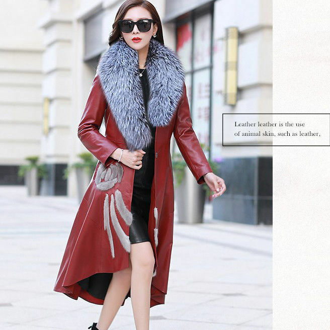 2022 الخريف والشتاء معطف جلد جديد المرأة طويلة فوق الركبة النسخة الكورية ضئيلة حجم كبير الثعلب الفراء خندق معطف العصرية