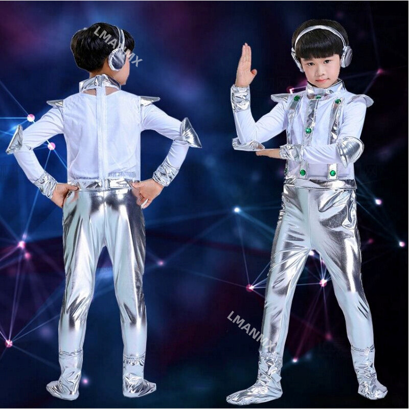 زي روبوت رائد فضاء للأطفال ، مرحلة الفضاء الأداء ، ملابس وقت عرض الرقص ، ملابس للجنسين للأولاد أو البنات ، فضي أبيض