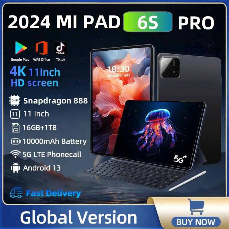 Pad 6S Pro الإصدار العالمي اللوحي ، أندرويد 13 ، 16GB + 1T ، SIM mAh ، 5G ، ثنائي البلوتوث ، WiFi ، GPS ، 11 بوصة HD ، 4K ، أصلي, ، ،