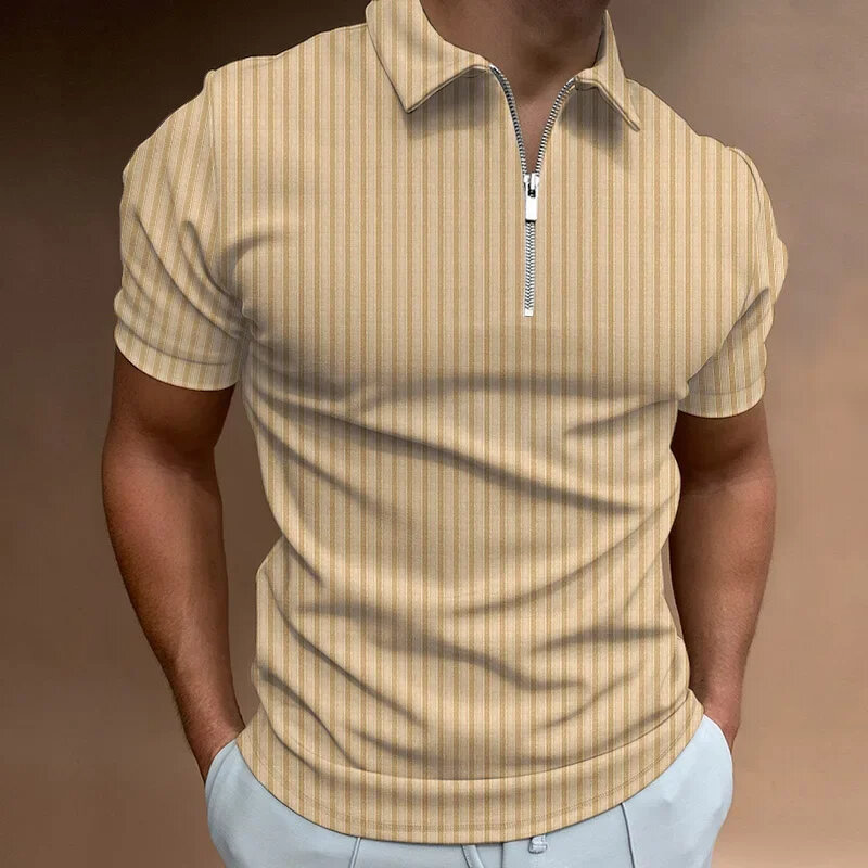 قميص بولو ضيق بأكمام قصيرة للرجال ، تيشيرت أحادي اللون ، سحاب مخطط ، توبات غير رسمية ، موضة صيفية ،