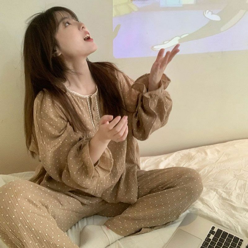 Pajama Sets Women Soft Sleepwear Vintage Korean Preppy Style Polka Dot Design Nightwear Basic Casual Harajuku Student Popular