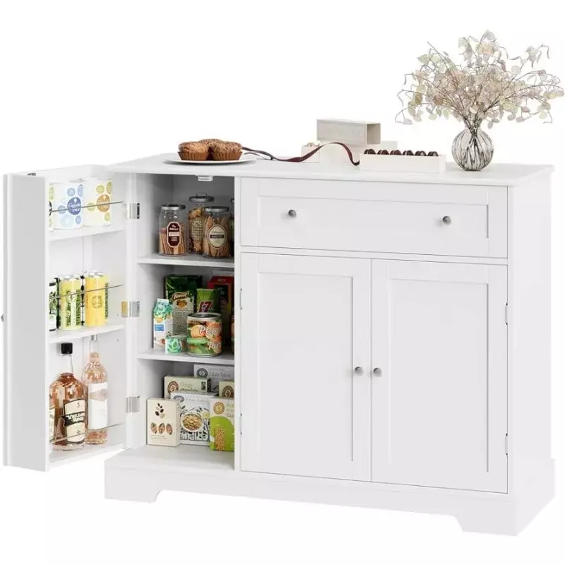 خزانة بوفيه مع درج ورف قابل للتعديل ، تخزين للمطبخ ، بار قهوة خشبي ، أبيض