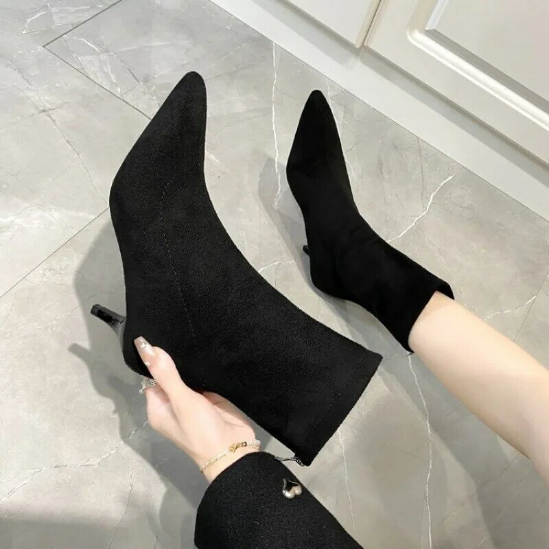 حذاء برقبة كاحل للنساء ، حذاء جوارب سوداء أنيق بكعب عالي ، حذاء برقبة طويلة ، حذاء برقبة طويلة