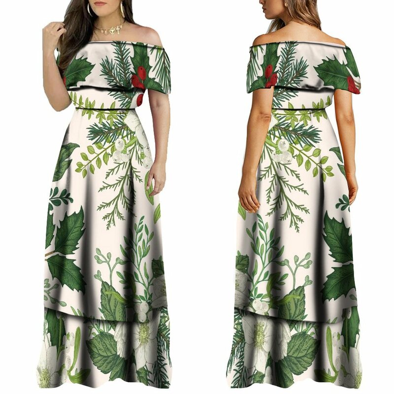 فستان مخصص مكشوف الكتفين للنساء ، فستان ساموان العرقي ، تصميم الجزيرة البولينيزية ، فستان سهرة أنيق ، الصيف
