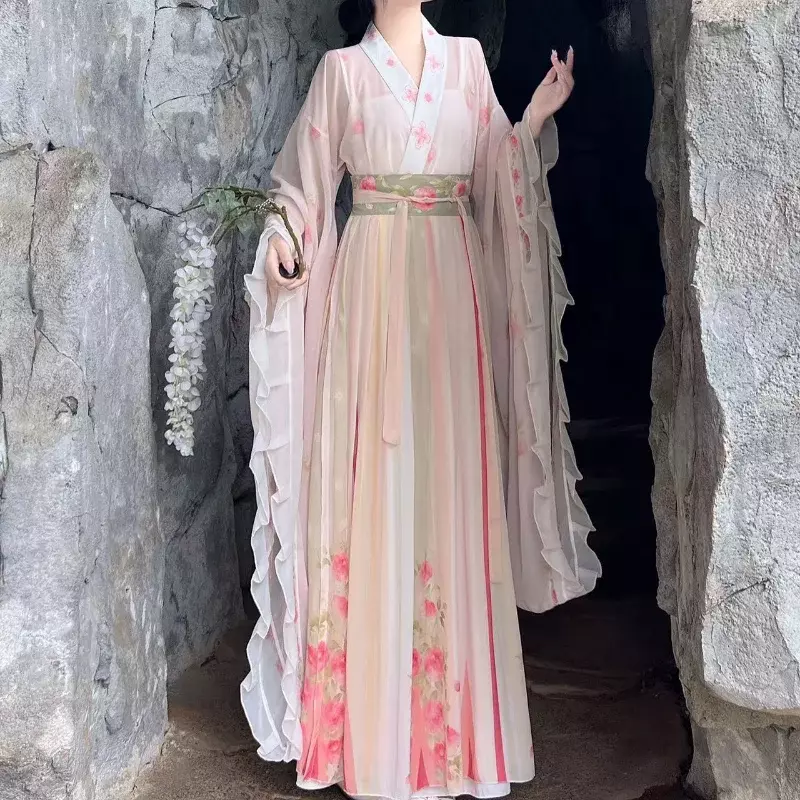 مجموعة فستان من WeiJin Dynasty Hanfu على الطراز الصيني للنساء ، فستان أنيق تقليدي ، طباعة زهور ، رداء طويل خرافي ، بدلة تأثيري ، أنثى