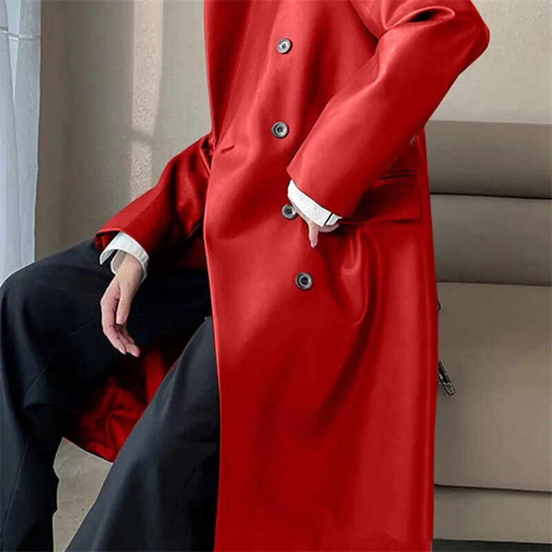 خريف شتاء جديد هاينينغ بولي leather جلد الغنم الفراء معطف للنساء منتصف طويلة الراقية مبطن الجلود سترة واقية معطف S-7XL