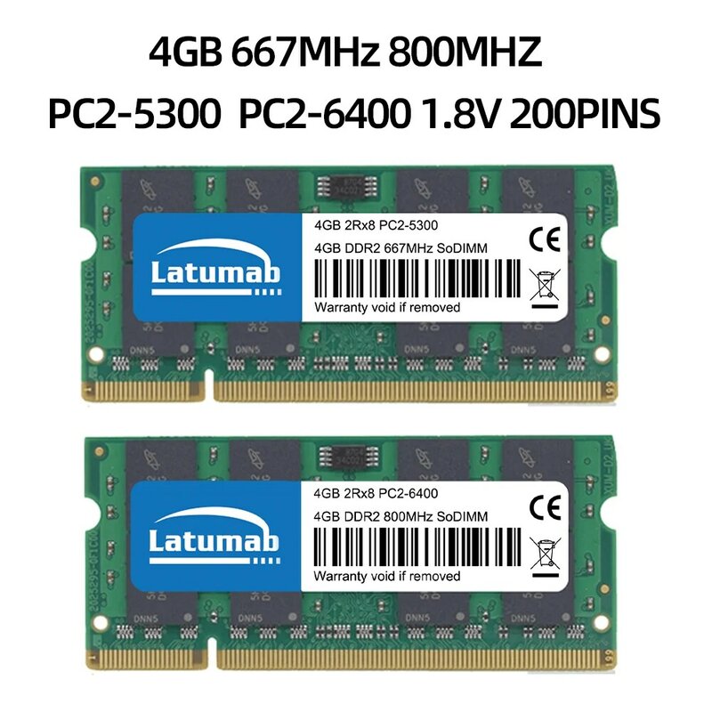 Latumab ذاكرة الوصول العشوائي ذاكرة الوصول العشوائي DDR2 4GB 8GB 667MHz 800MHz محمول SODIMM PC2-5300 الذاكرة 6400 RAM 200Pin 1.8V ذاكرة المحمول المزدوج القناة