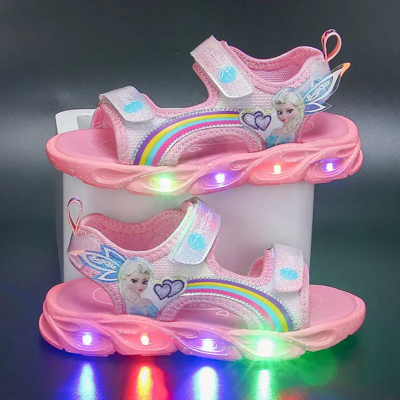 أحذية ديزني فروزن كارتونية بإضاءة LED صنادل بنات أميرات إلسا أحذية أطفال خفيفة موضة صيف 2022 أحذية أطفال بناتي