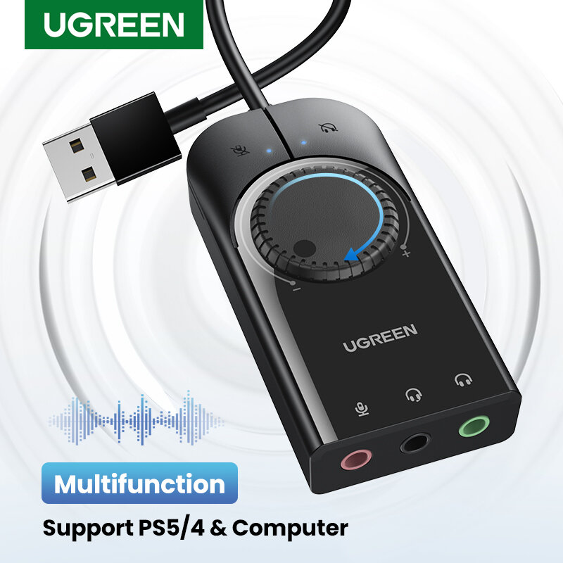 UGREEN كارت الصوت USB جهاز التحكم في الصوت الخارجي 3.5 مللي متر ميكروفون محول الصوت Soundcard للكمبيوتر المحمول PS4 سماعة USB كارت الصوت