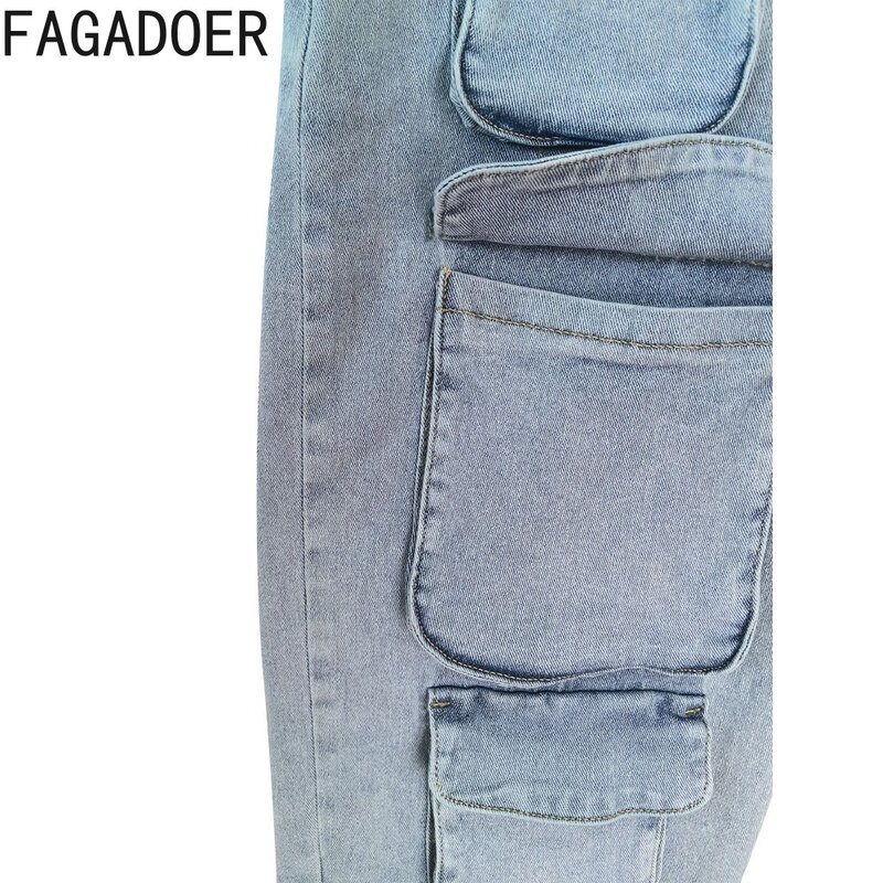 FAGADOER-بنطال كارجو بجيوب جينز عالي الخصر للنساء ، بنطلون جينز مستقيم ، قينول كاوبوي نسائي غير رسمي ، موضة عتيقة