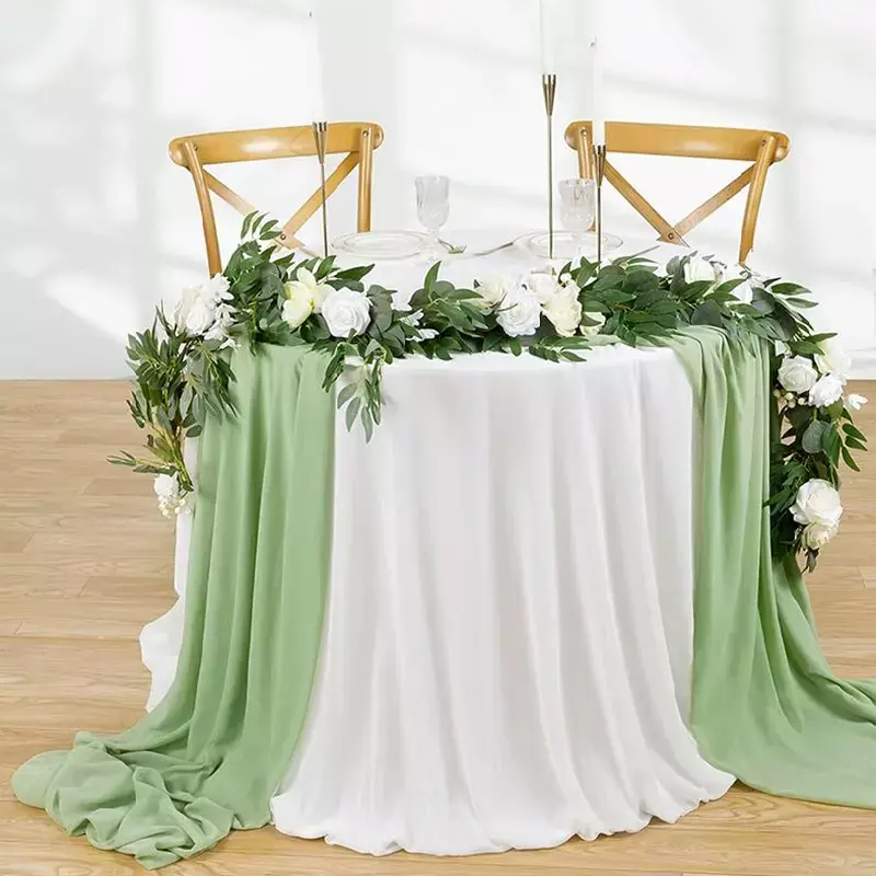 عدائين طاولة شيفون خضراء فاتحة ، قماش بوهيمي ريفي ، حفل زفاف ، عيد الميلاد ، دش الزفاف ، ديكورات أعياد الميلاد ، 5 عبوات