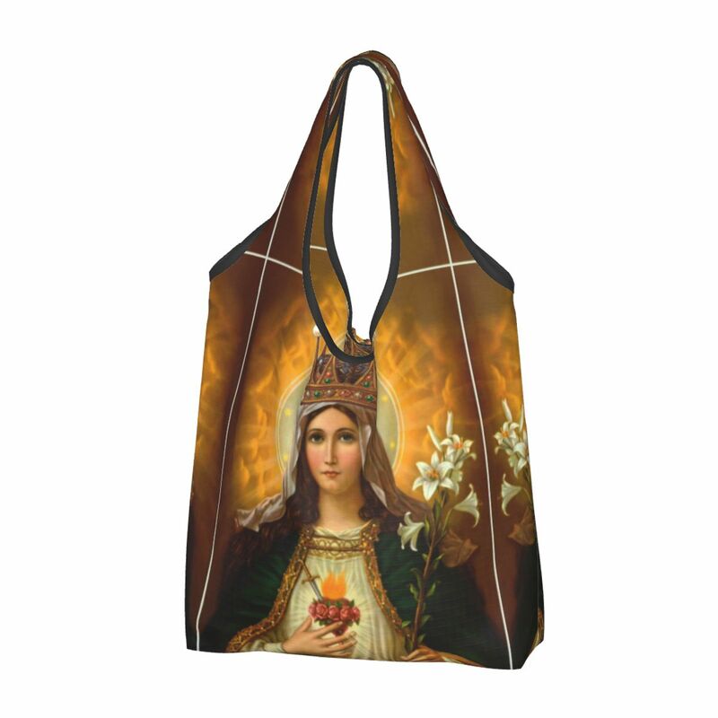حقيبة تسوق ماري بقلب طاهر ، حقائب حمل بقالة قابلة للطي ، سعة كبيرة ، كاثوليكية عذراء ، أكياس إعادة تدوير مباركة
