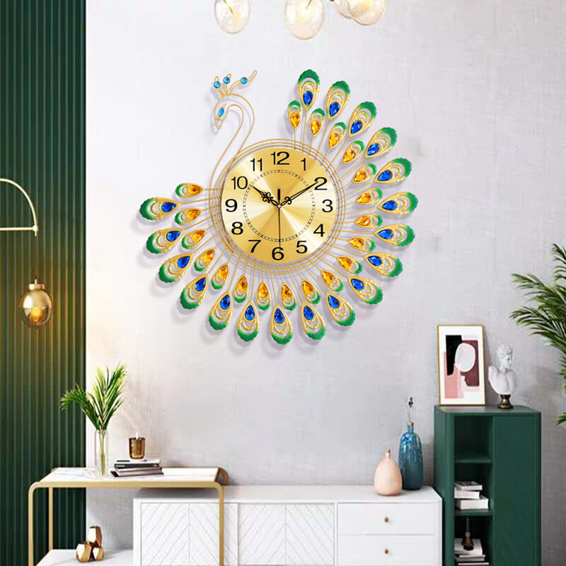ساعة حائط طاووس كريستالية معدنية صامتة ثلاثية الأبعاد ، ديكور غرفة المعيشة ، فن حديث ، 38 × 38 ، ديكور المنزل ، 15 بوصة ، 1