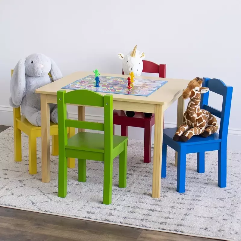 طاولة ومجموعة خشبية للأطفال ، 4 كراسي ، طبيعية ، ابتدائية