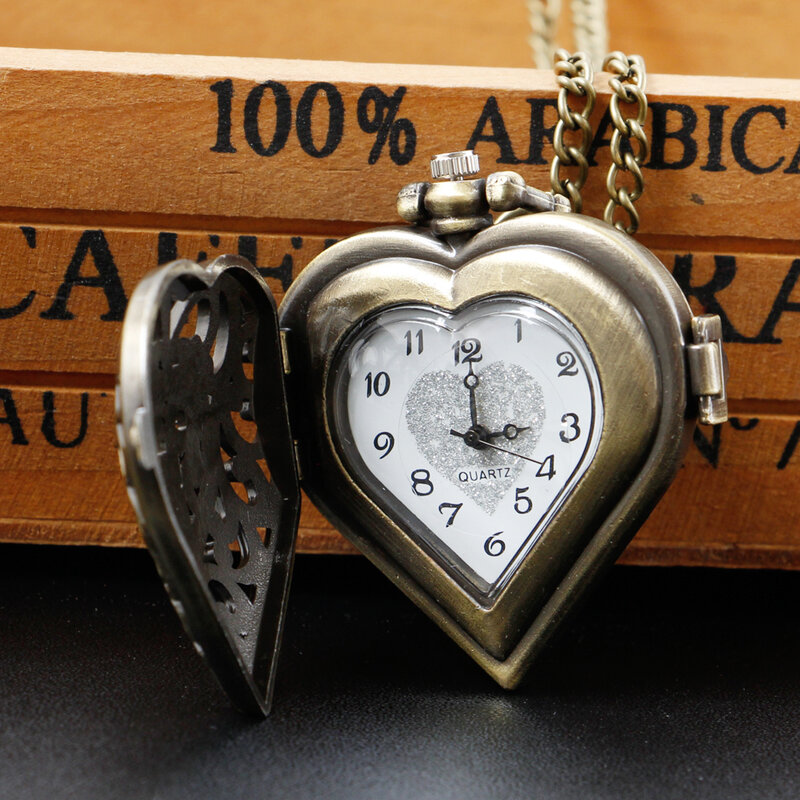 من الطراز القديم البرونزية الحب على شكل قلب جيب الساعات قلادة ساعة الكوارتز مع 80 سنتيمتر سلسلة قلادة الهدايا