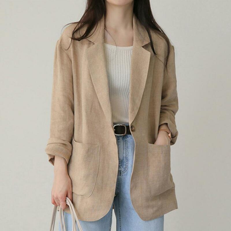 المرأة طويلة الأكمام التلبيب دعوى معطف مع جيوب ، زر واحد ، أحادية اللون لملابس العمل ، النمط الكوري