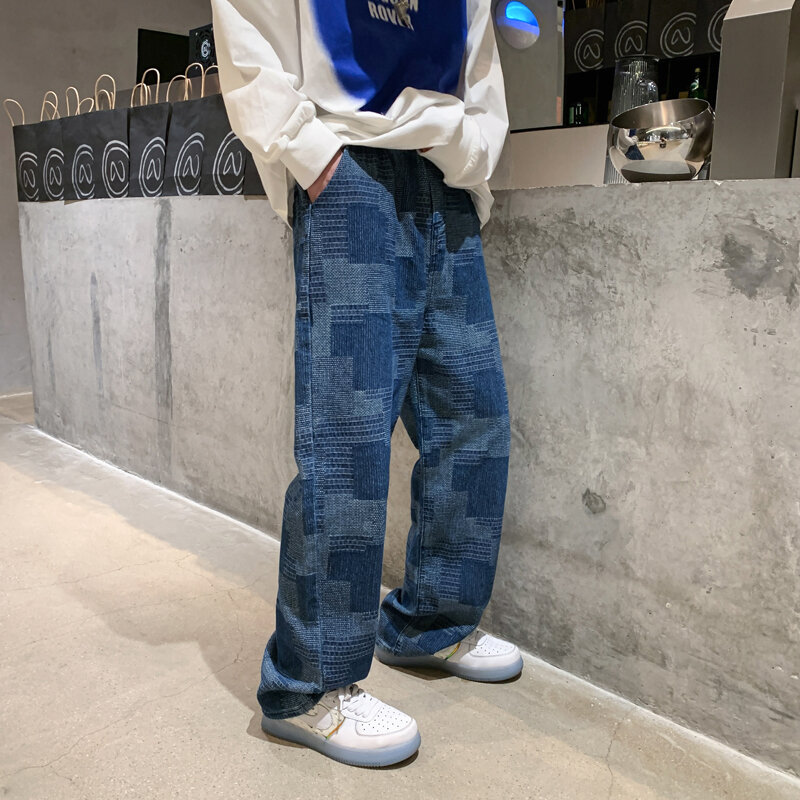 جينز رجالي كلاسيكي بنطال واسع الساق ، بنطلون جينز مستقيم ، ملابس الشارع غير الرسمية ، الهيب هوب الفضفاضة ، الأزرق والأسود