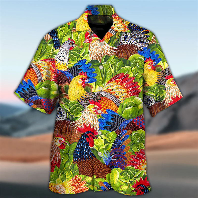 قمصان دجاج رجالية فضفاضة قابلة للتنفس بطبعة ثلاثية الأبعاد ، قمة هاواي للشاطئ ، أكمام قصيرة ، موضة رائعة وعصرية ، الأحدث ، الصيف