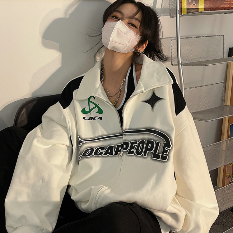 Oversized Korean Casual Trend Letter Print Zipper Jacket Women American Retro Street Hip Hop Jackets For Women  Y2K Coat