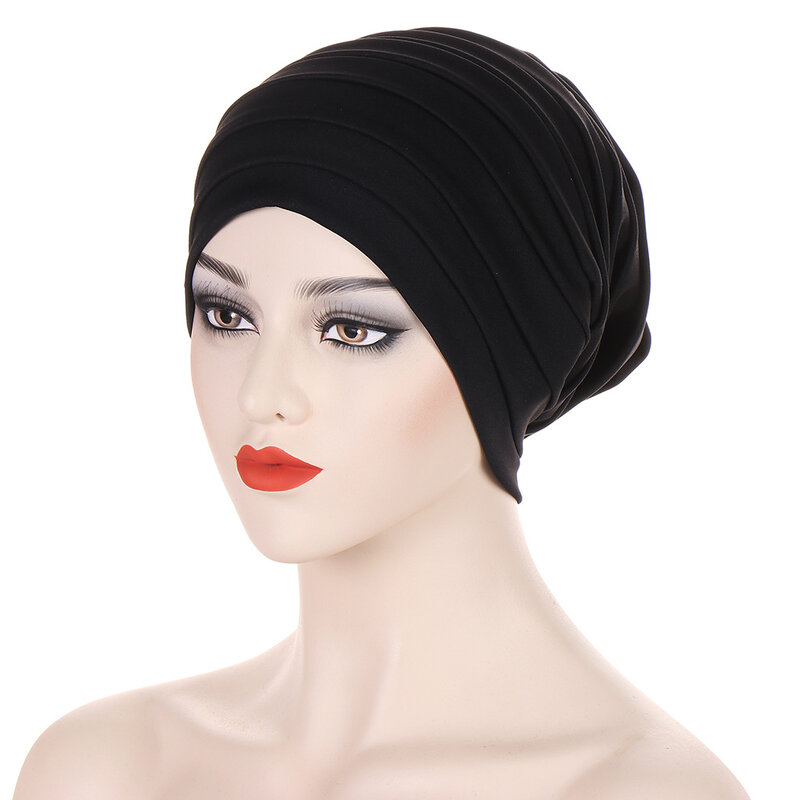 2023 Candy Color Ladies Head Wraps Muslim Hijab Bonnets Fashion Headgear Trending Elastic Full Body Pleated Turban Cap for Women