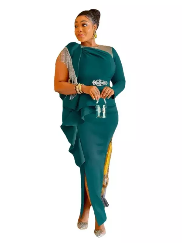 فستان بوليستر طويل الأكمام للنساء ، ملابس أفريقية ، أصفر ، أخضر داكن ، صيف ، S-5XL