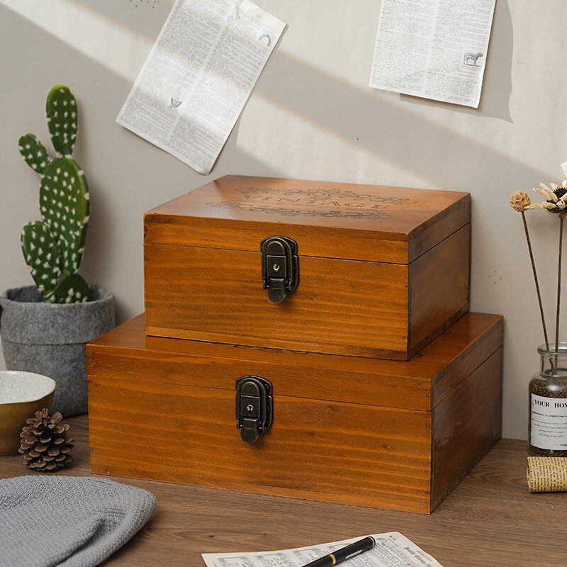 سطح المكتب مجوهرات التشطيب صندوق مع قفل ، الرجعية الصلبة الخشب حجم صندوق تخزين ، صندوق تخزين