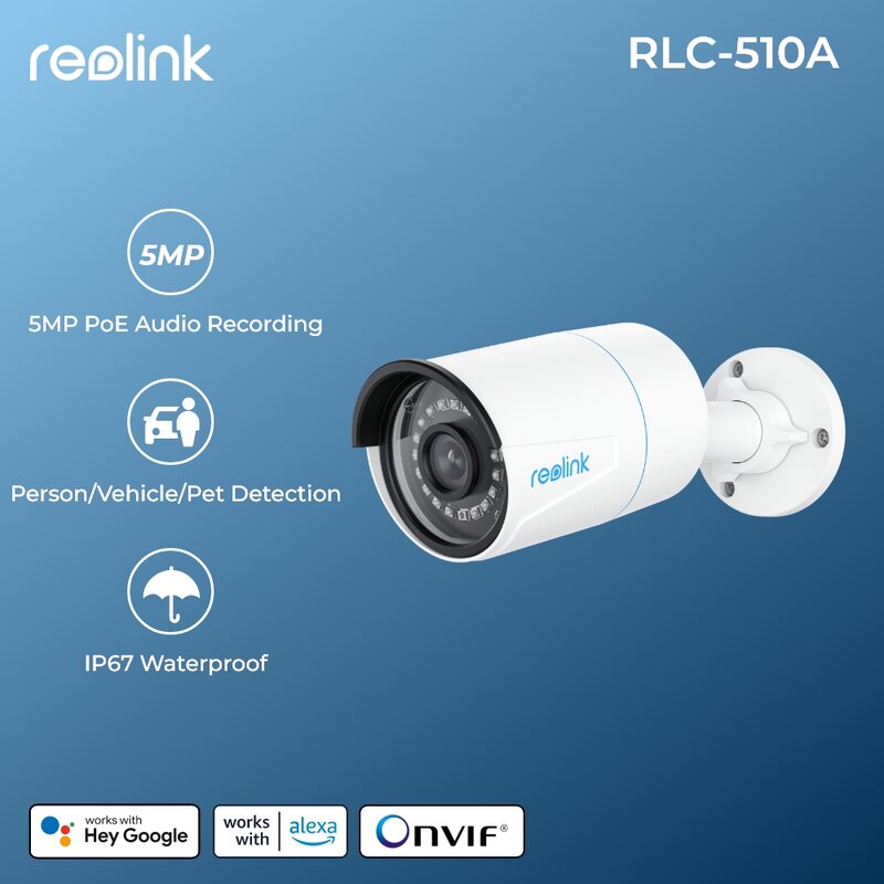 كاميرا أمان ذكية من ريولينك 5 ميجابكسل للرؤية الليلية بالأشعة تحت الحمراء في الهواء الطلق تتميز بكاميرا POE ip للكشف عن الإنسان/السيارة/الحيوانات الأليفة RLC-510A