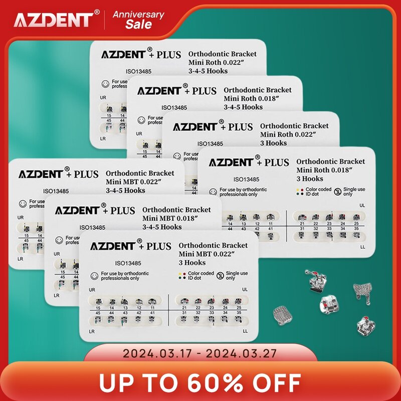 Azdent Plus تقويم الأسنان الأقواس المعدنية ، تقويم الأسنان ، قياسي ، روث صغير ، MBT ، 022 ، 18 خطافات ، 3 ، أدوات طب الأسنان ، 20 عبوة