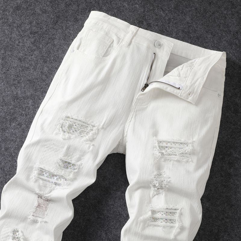 جينز رجالي أبيض غير رسمي بفتحة ، ماسية ساخنة مرنة تناسب مستقيم ، سراويل جينز شبابية قطنية مغسولة متعددة الاستخدامات ، موضة جديدة