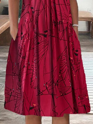 فستان متوسط الطول بطبعة زهور رسومية للنساء ، أكمام قصيرة ، رقبة مغرفة ، مقاس كبير ، أحمر