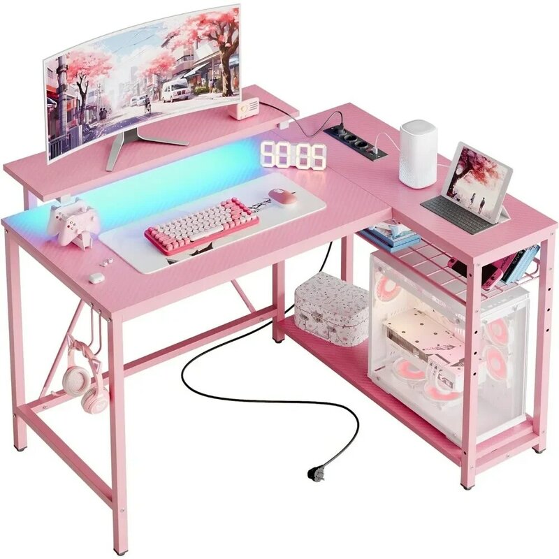 طاولة ألعاب على شكل حرف L مع مقبس طاقة ، مكتب مع خطاف ، 42 زاوية صغيرة ليد ، رف تخزين قابل للطي