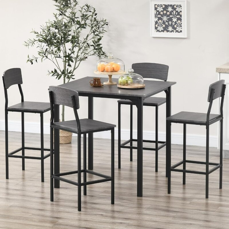مجموعة طاولة بار بارتفاع العداد لـ 4 أشخاص ، طاولة مطبخ مربعة وكرسي مع مسند للقدمين ، أرجل معدنية
