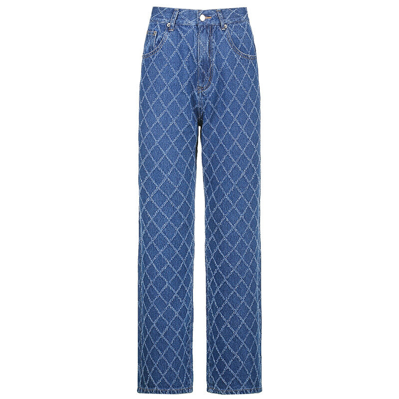 Women High Waist 90s Streetwear Argyle Plaid Baggy Jeans Trousers Vintage Indie Pants Y2K Aesthetics Blue Denim Skater Outfits