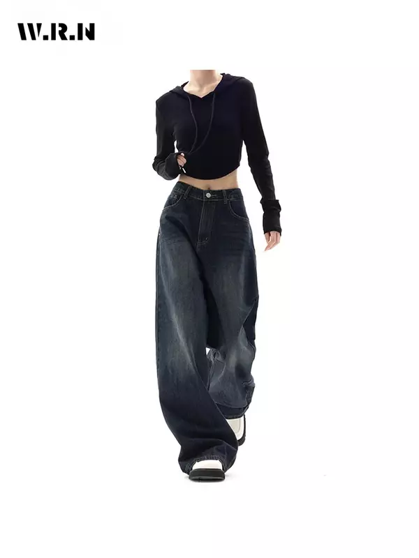 بنطلون جينز فضفاض عالي الخصر طراز Y2K بتصميم هاراجوكو بنطلون جينز نسائي كوري أنيق بأرجل واسعة وكبيرة الحجم من قماش الدنيم ملابس نسائية