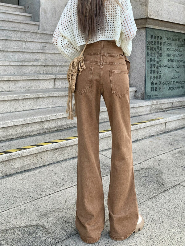 جينز ذو خصر عالي للنساء من الطراز القديم ، بنطلون مستقيم ، تصميم محراب ، بنطلون عالي المد والخريف والشتاء