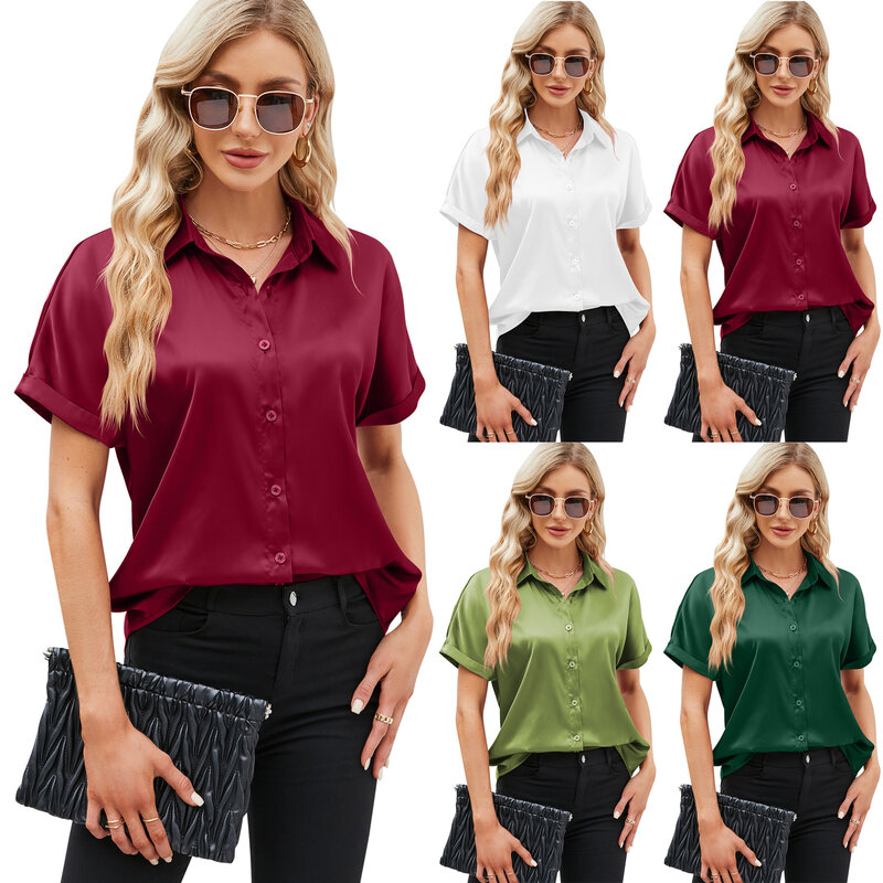 European and American women's fashion solid color satin short sleeved casual women's shirt women tops  shirt