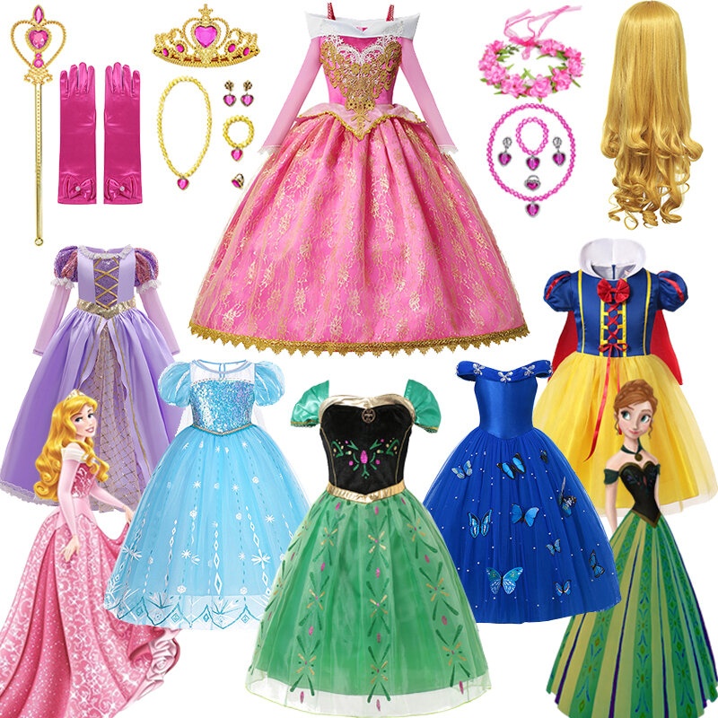 ديزني-بنات النوم الجمال تأثيري حلي ، الشفق فستان الأميرة ، إلسا المجمدة ومجموعة آنا ، رابونزيل وسندريلا ، ملابس حفلة للأطفال