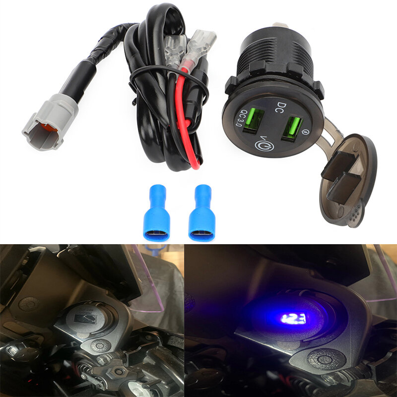 منفذ مساعدة لشاحن الدراجة النارية USB مزدوج من ياماها QC3.0 ، مقبس ومحول التوصيل والتشغيل مع كابل متتبع 900 MT09 FZ09