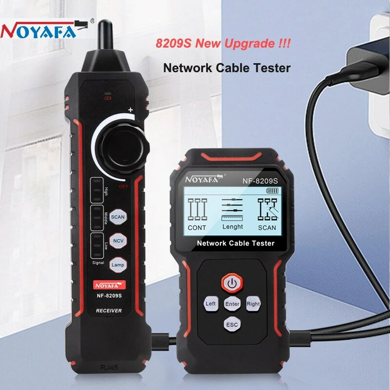 NOYAFA-جهاز تتبع كابل الشبكة, NF-8209S, جهاز اختبار قياس الشبكة المحلية, أدوات الشبكة, شاشة LCD, قياس الطول, جهاز اختبار خريطة الأسلاك