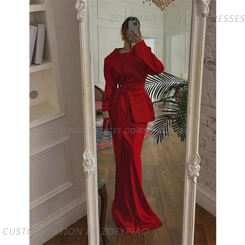 فستان سهرة حورية البحر من الساتان الأحمر ، رقبة دائرية ، أكمام كاملة ، قطار محكمة ، مناسبة خاصة ، مشاهير ، رسمية