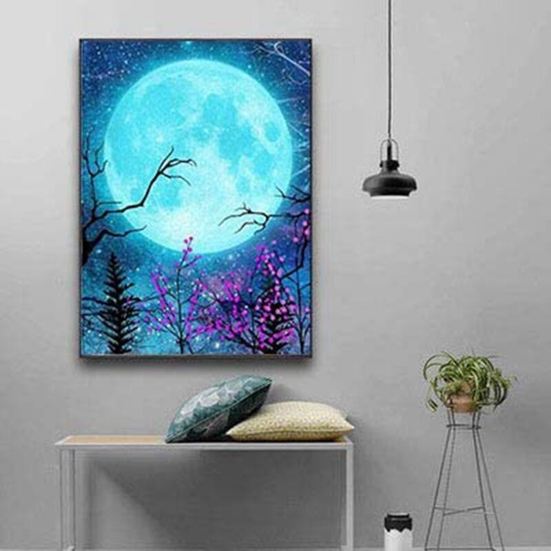 لوحة ماسية بتطريز القمر بالكامل ، صورة حجر الراين المستدير ، رسم بالماس ، ديكور منزلي
