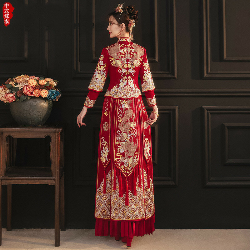 الكلاسيكية الصينية نمط فستان الزفاف شيونغسام عالية الجودة التطريز الزواج دعوى الشرقية العروس الملابس خمر تشيباو