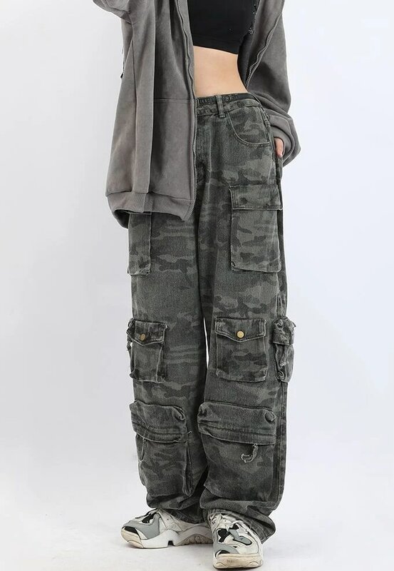الرجعية الهيب هوب السراويل العسكرية المموه متعددة جيب غسل Y2k موضة عالية الخصر الجينز امرأة زوجين Harajuku عادية بنطال ذو قصة أرجل واسعة