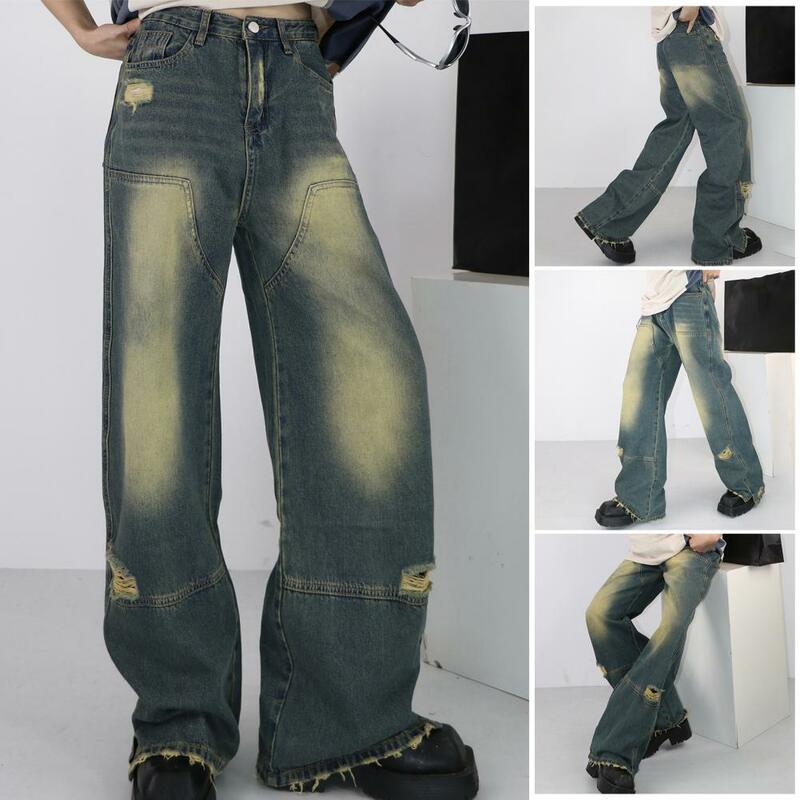 سراويل جينز عتيقة واسعة الساق للرجال مع ثقوب ممزقة ، جينز عتيق ، سراويل الشارع الشهير للارتداء ، نمط هوب
