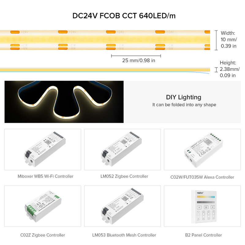 IP65 مقاوم للماء COB CCT LED قطاع 5 متر 640 المصابيح/م عالية الكثافة عكس الضوء فوب Led الشريط 3000K إلى 6500K للتغيير الإضاءة DC12V 24V