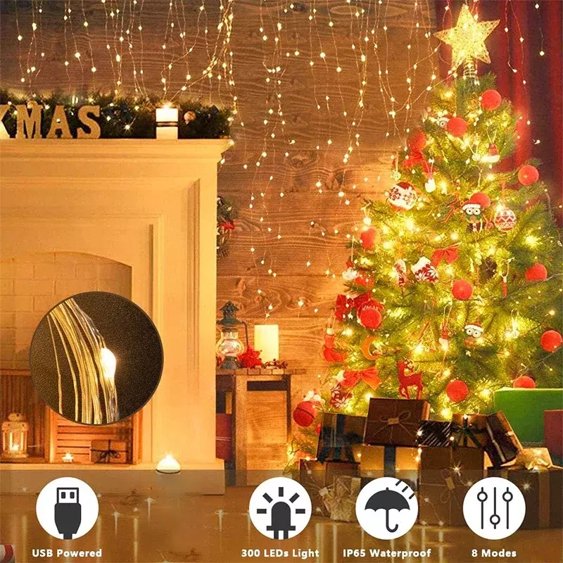 LED الستار سلسلة أضواء ، الجنية الديكور ، USB عطلة ، مصباح جارلاند ، 8 وضع ، المنزل ، حديقة ، حفلة عيد الميلاد ، السنة الجديدة ، الزفاف ، 3m