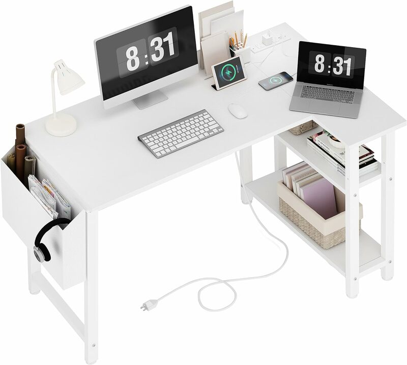 مكتب كمبيوتر Lufeiya أبيض على شكل حرف L مع أرفف لمأخذ الطاقة ، مكتب زاوية صغير 40 "للمكتب المنزلي