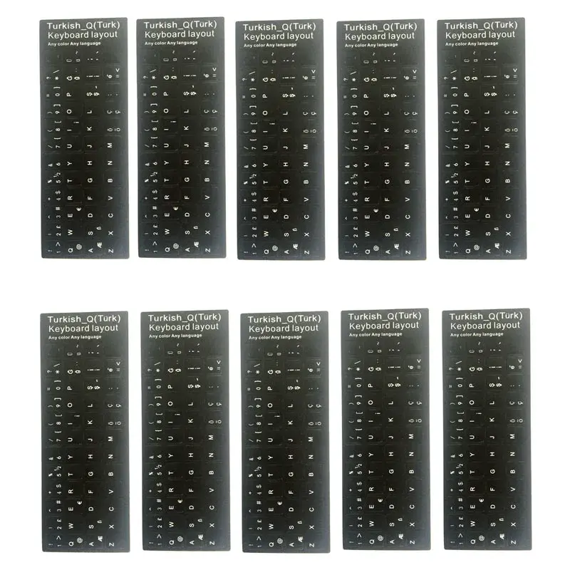 تصميم ملصقات لوحة المفاتيح التركية ، أبجدية متينة ، خلفية سوداء ، أحرف بيضاء ، كمبيوتر محمول عالمي ، 10 * الكثير