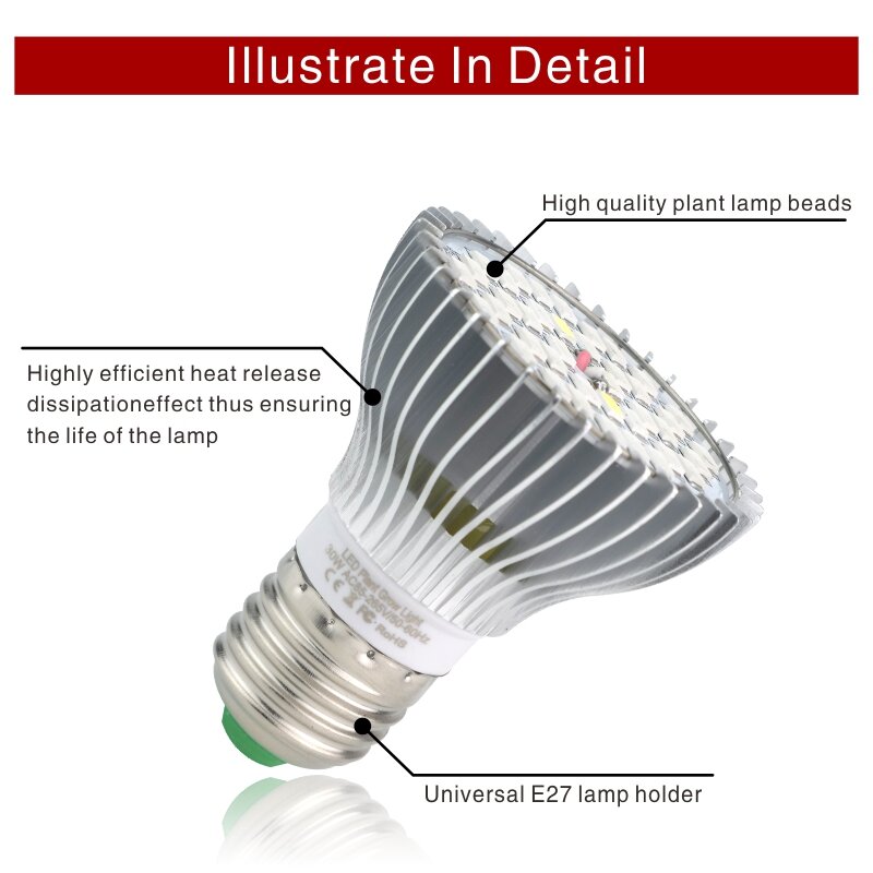 أدى النمو ضوء الطيف الكامل E27 UV IR LED تزايد لمبة للداخلية الزراعة المائية مصنع ضوء AC85-265V 110V 220V LED تنمو مصباح